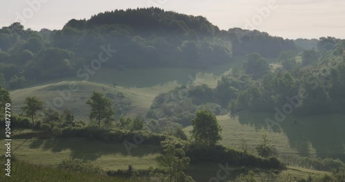 Dolly shot of the foggy countryside, spring, 4k 