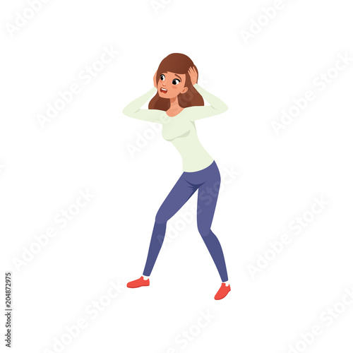 Young girl standing with terrified face expression. Woman holding her hands on head. Emotional person. Flat vector design