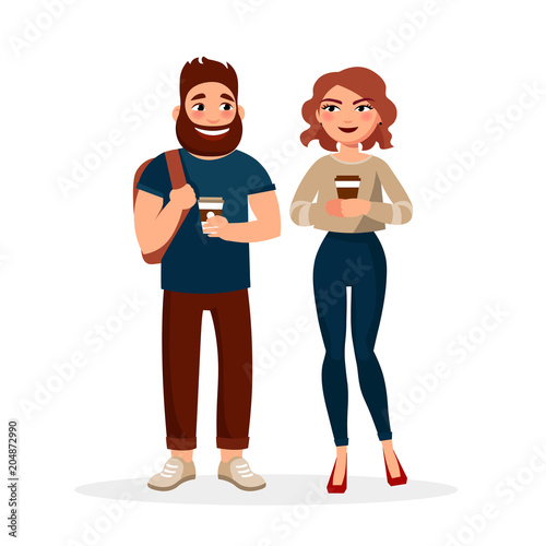 Young people meeting and drinking coffee outdoors. Two students girl and boy at lunch or breakfast having coffee break. Urban lifestyle concept illustration in flat design isolated on white background