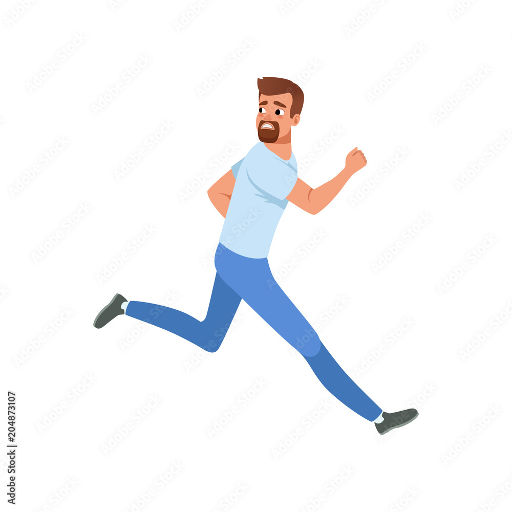 Frightened bearded man running away looking back. Cartoon character of young guy with scared face expression. Flat vector design Stock Vector | Adobe Stock Frightened bearded man running away looking back. Cartoon character of young guy with scared face expression. Flat vector design Stock Vector | Adobe Stock