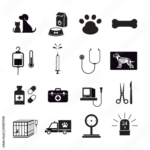 Veterinary Icons Set, Clinic or Hospitals, Pets, Cats & Dogs