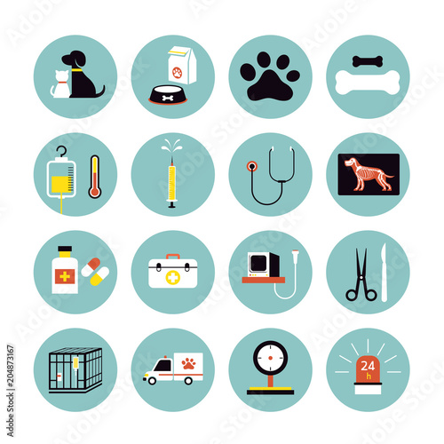 Veterinary Flat Icons Set, Clinic or Hospitals, Pets, Cats & Dogs