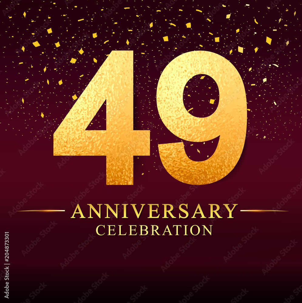49 years anniversary. celebration logotype 49th years.Logo with golden and on dark pink background, vector design for invitation card, greeting card. 
