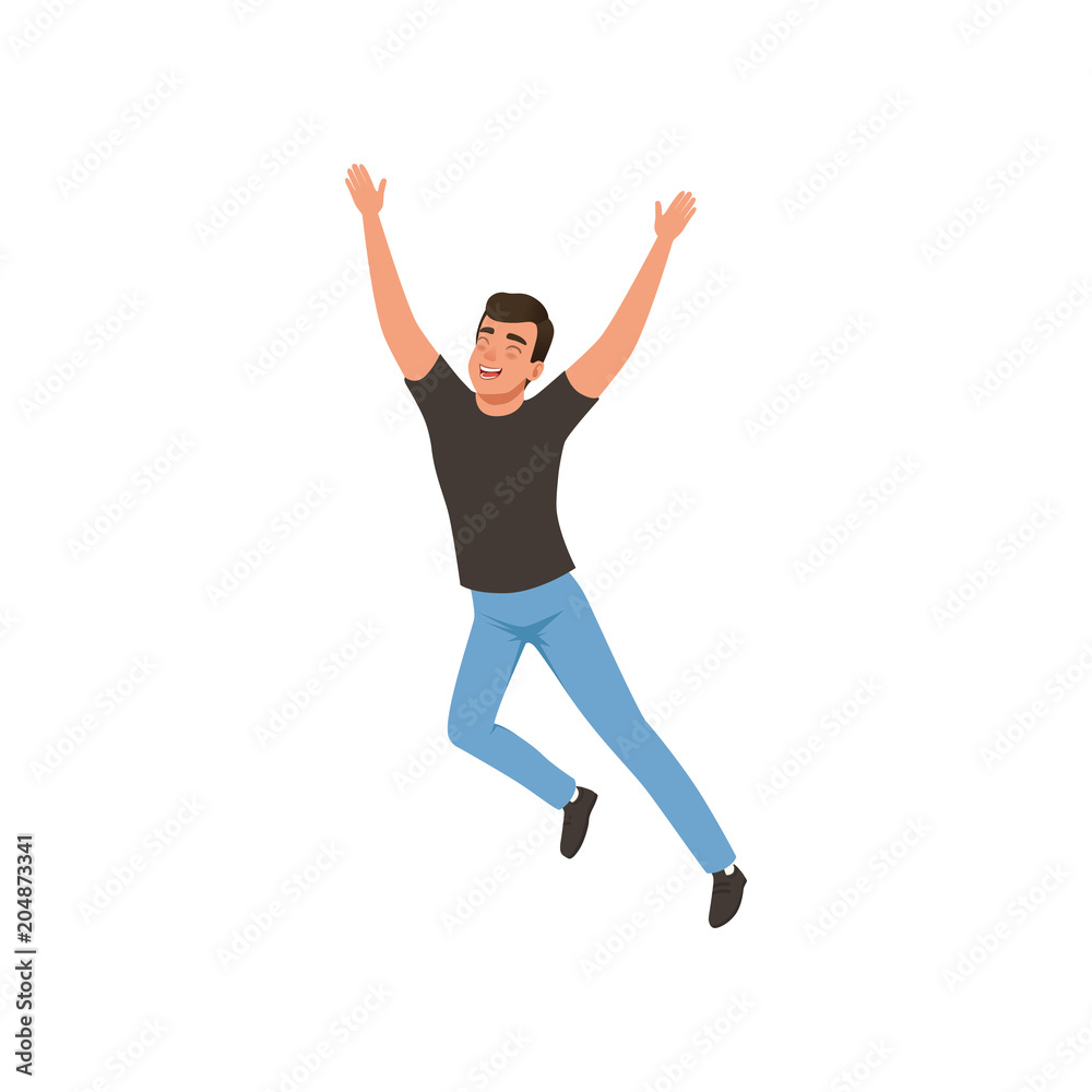 Joyful guy in jumping action with hands up. Young man with happy face expression. Flat vector design