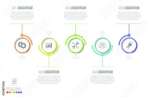 Vector business template with 5 section info, steps, options or processes. Can be used for timeline, workflow, research, strategy, annual report.