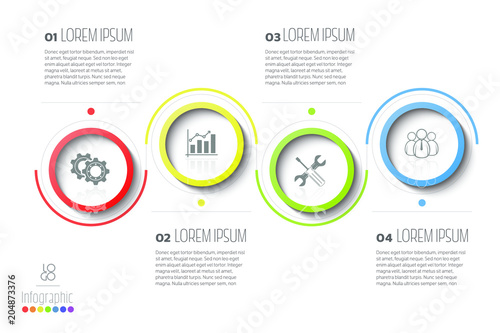 Vector business template with 4 section info, steps, options or processes. Can be used for timeline, workflow, research, strategy, annual report.