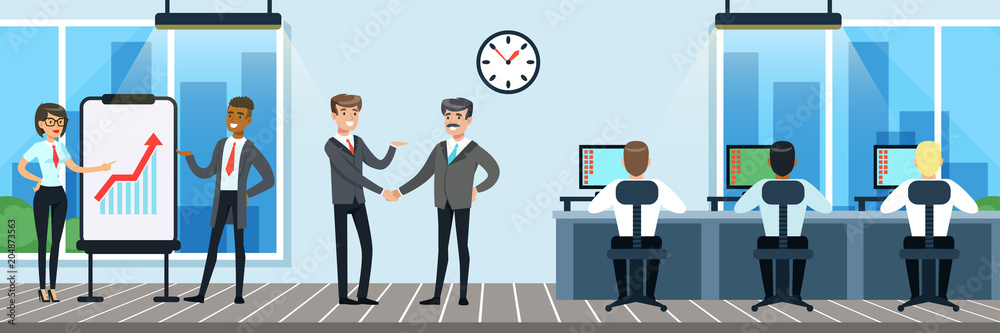 People working in the office, workers sitting at desks working on the computer, business meeting, presentation , vector Illustration in flat style People working in the office, workers sitting at desks working on the computer, business meeting, presentation , vector Illustration in flat style