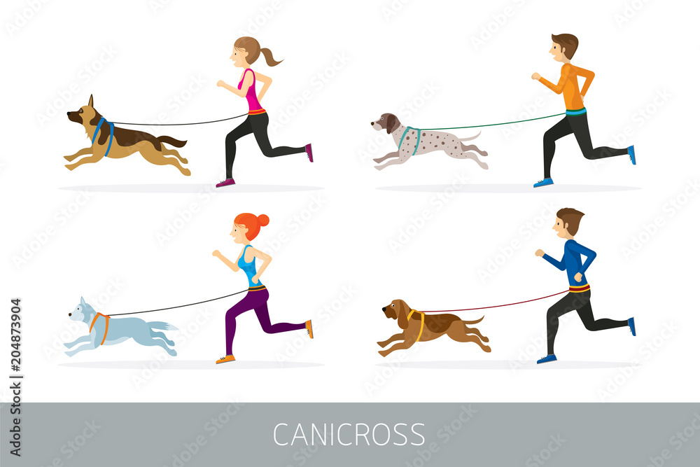 Fototapeta Canicross, People Running with Dogs, Sport Outdoor Training and Jogging