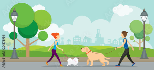 Man and Woman with Dogs in the Park, Walking, Exercise, Outdoor City Background