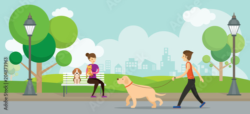 Man and Woman with Pets in the Park, Cats and Dogs, Outdoor City Background