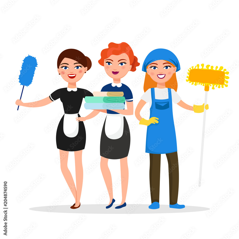 Cleaning service staff smiling cartoon characters isolated on white