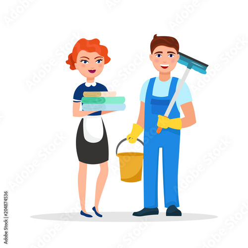 Cleaning service staff smiling cartoon characters isolated on white background. House cleaners dressed in uniform vector illustration in a flat style. Cute and cheerful workers housekeeping concept.
