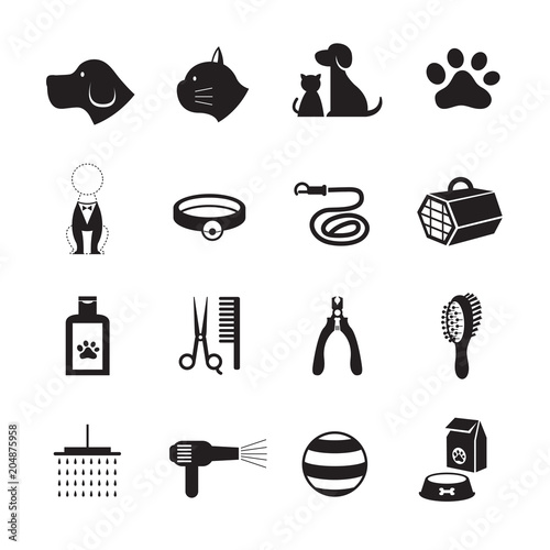 Pets Grooming Shop Icons, Black and White, Silhouette Set
