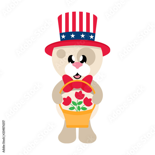 4 july cartoon cute dog in hat with basket and flowers