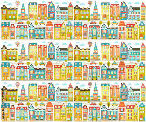 Vector file with cute city, home, street. Pattern