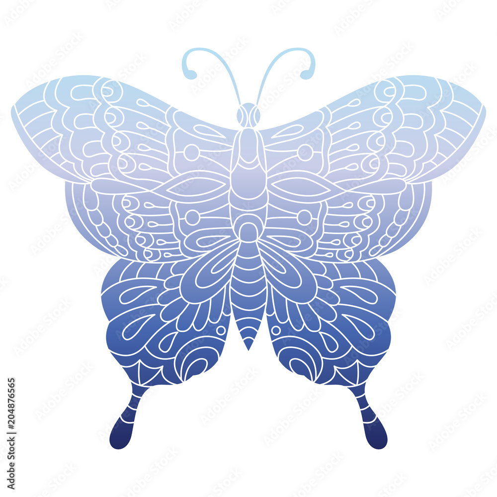 Hand drawn blue beautiful butterfly on white. Design elements label, emblem, poster, t-shirt. Vector illustration