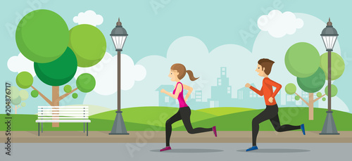 Man and Woman Running in the Park,  Exercise, Jogging with City Background