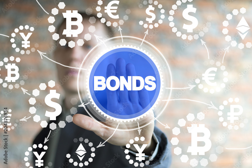 Businessman clicks a bonds word surrounded by specific financial icons.
Bond Finance Banking Technology concept. Electronic Online Trade Market Network.