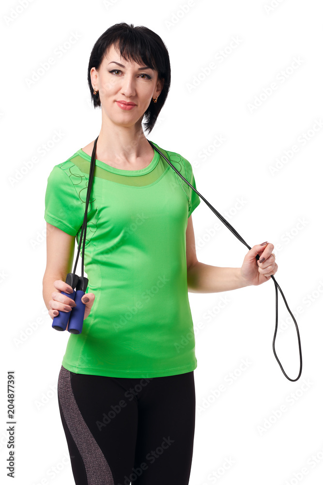 girl posing with skipping rope in studio, isolate on white background, sport and health concept girl posing with skipping rope in studio, isolate on white background, sport and health concept