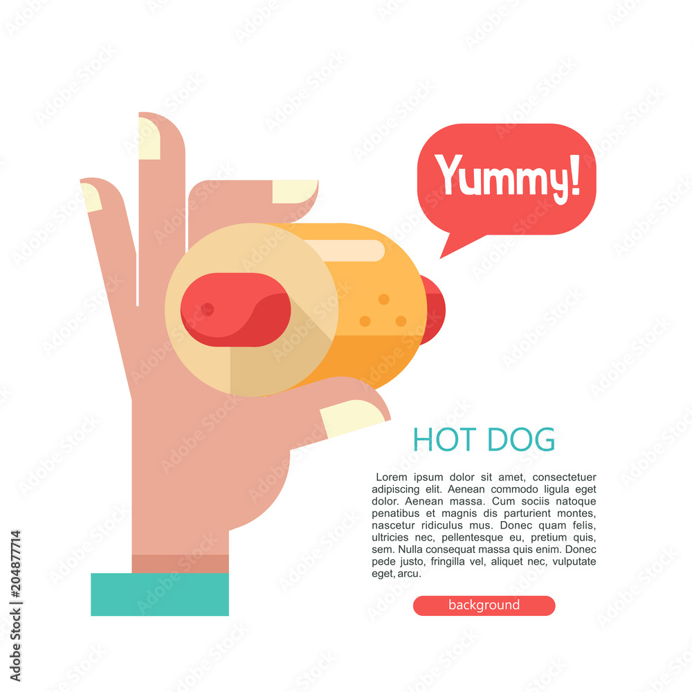 Obraz premium Hot dog. Tasty sausage in a bun. Vector illustration in flat style.