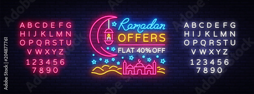 Ramadan Sale neon sign vector. Ramadan Kareem Web design banner in modern trendy style for image of your product, light banner, nightly bright advertising of holiday discounts. Editing text neon sign