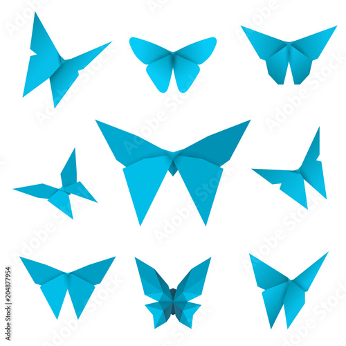 Set of flying isolated paper butterflies. Blue butterfly on the white background. Japanese origami, craft and paper style. Single elements for any decor. Vector Illustration.