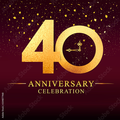 40 years anniversary. celebration logotype 40th years.Logo with golden and on dark pink background, vector design for invitation card, greeting card.
