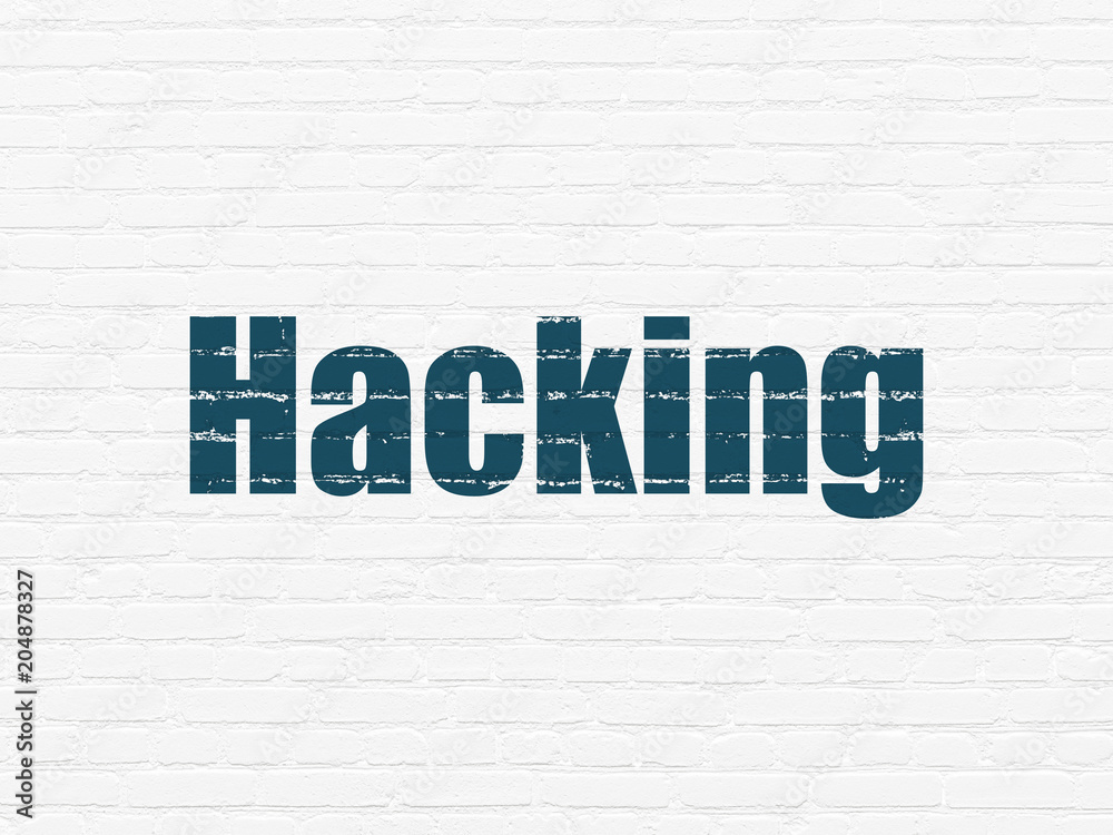 Obraz premium Safety concept: Painted blue text Hacking on White Brick wall background