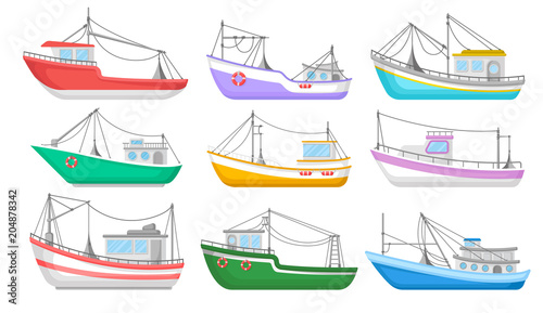 Flat vector set of colorful fishing boats. Water transport. Fishing trawlers. Commercial marine vessels