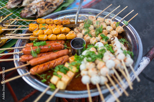 Photography Fried food with sticks, Thai style food, Thailand street food ,Bangkok