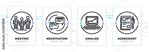 Glitched team, conversation, notebook, contract icons set.