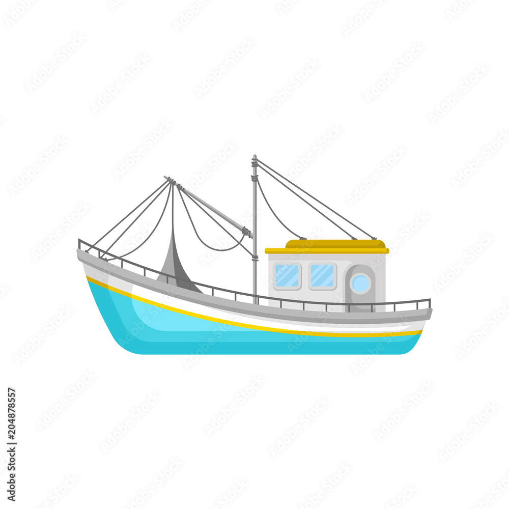 Naklejka premium Blue fishing trawler with net and ropes. Water transport. Flat vector icon of boat for commercial fishing concept