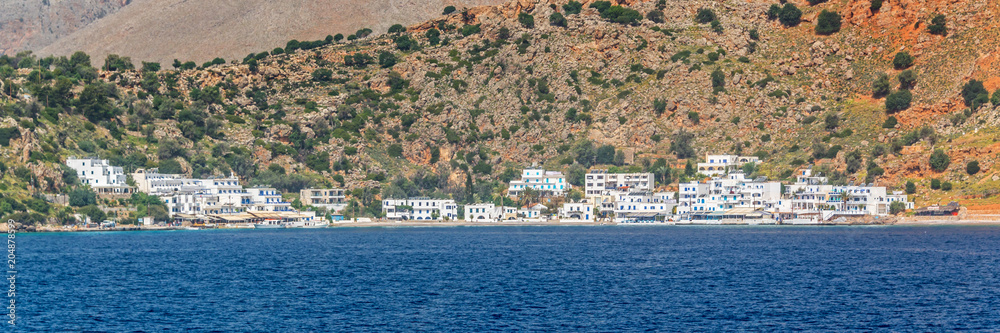 Scenic village of Loutro and the mediterranean sea  in Crete, Greece