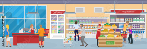 Interior of a modern supermarket with goods, buyers and employee