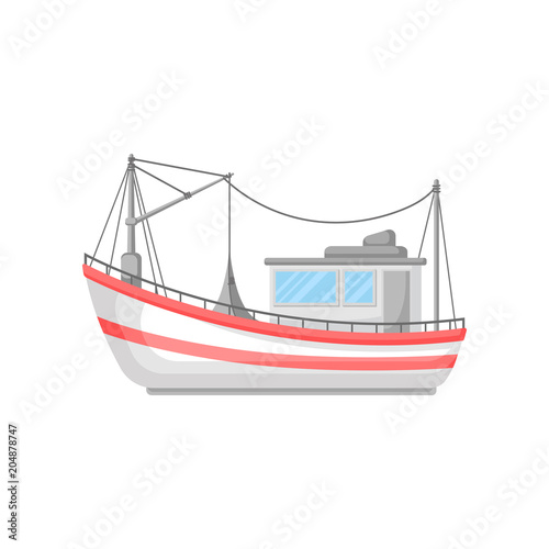 Colorful flat vector design of fishing boat with trawl net and ropes. Commercial marine vessel