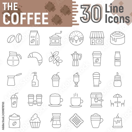 Coffee thin line icon set, coffee shop symbols collection, vector sketches, logo illustrations, sweets signs linear pictograms package isolated on white background, eps 10.