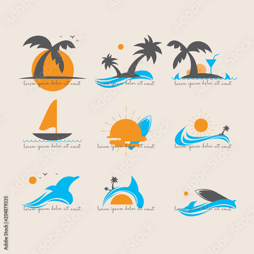 logo Summer sea, fish, palm trees. wallpapers. Vector illustration. Dolphin. Bird. sun. Windsurfing