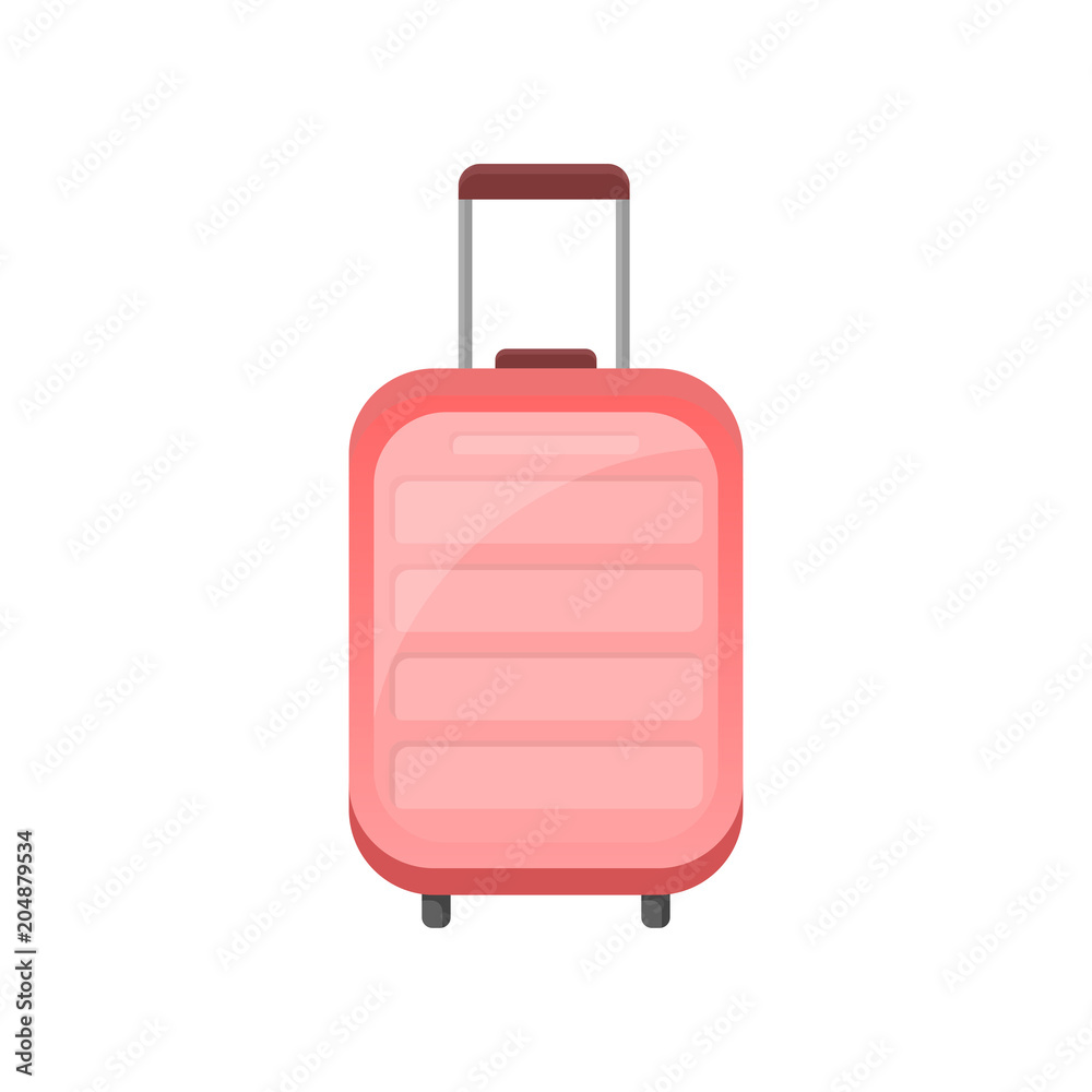 Flat vector icon of pink plastic suitcase on wheels. Traveler bag with telescopic handle. Object related to vacation theme Flat vector icon of pink plastic suitcase on wheels. Traveler bag with telescopic handle. Object related to vacation theme