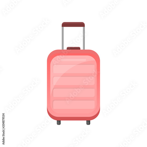 Flat vector icon of pink plastic suitcase on wheels. Traveler bag with telescopic handle. Object related to vacation theme