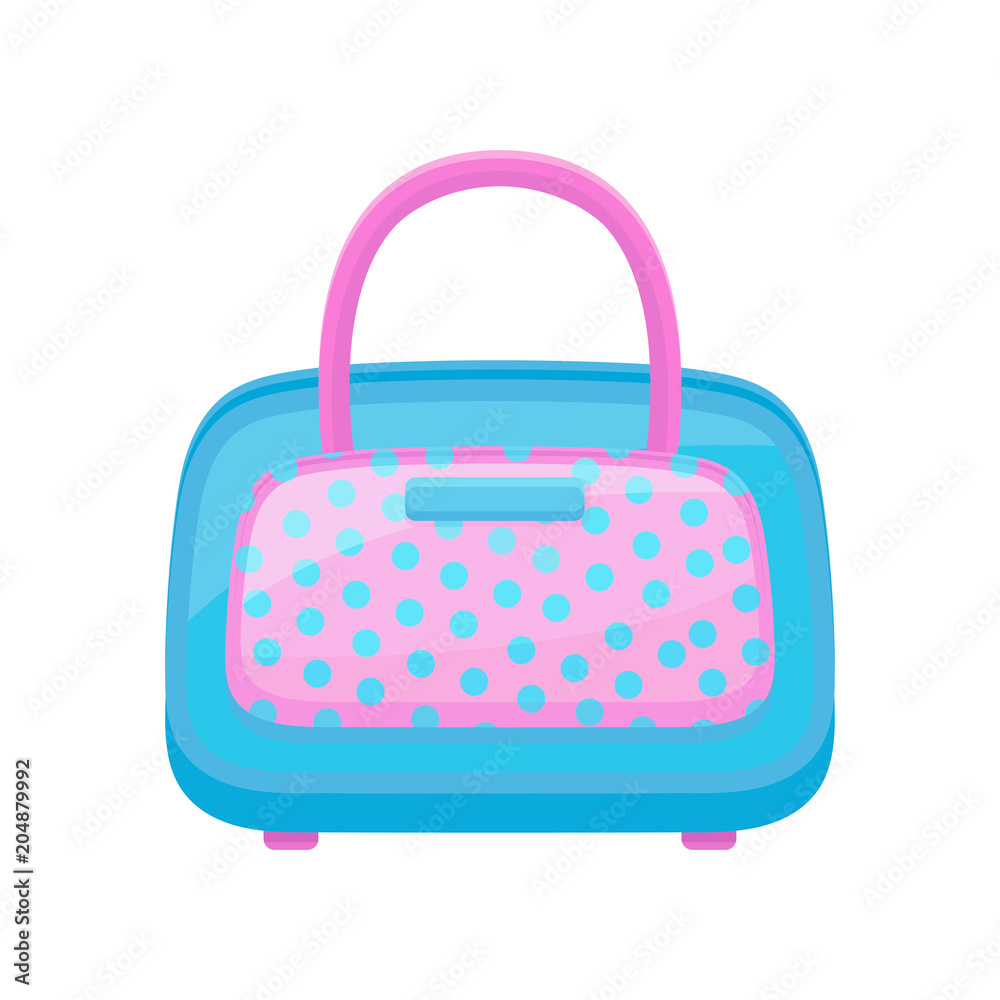 Blue-pink handbag in polka dots. Flat vector design of fashion women accessory for carry personal items. Blue-pink handbag in polka dots. Flat vector design of fashion women accessory for carry personal items.