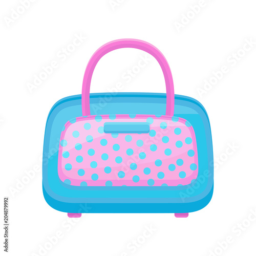 Blue-pink handbag in polka dots. Flat vector design of fashion women accessory for carry personal items.