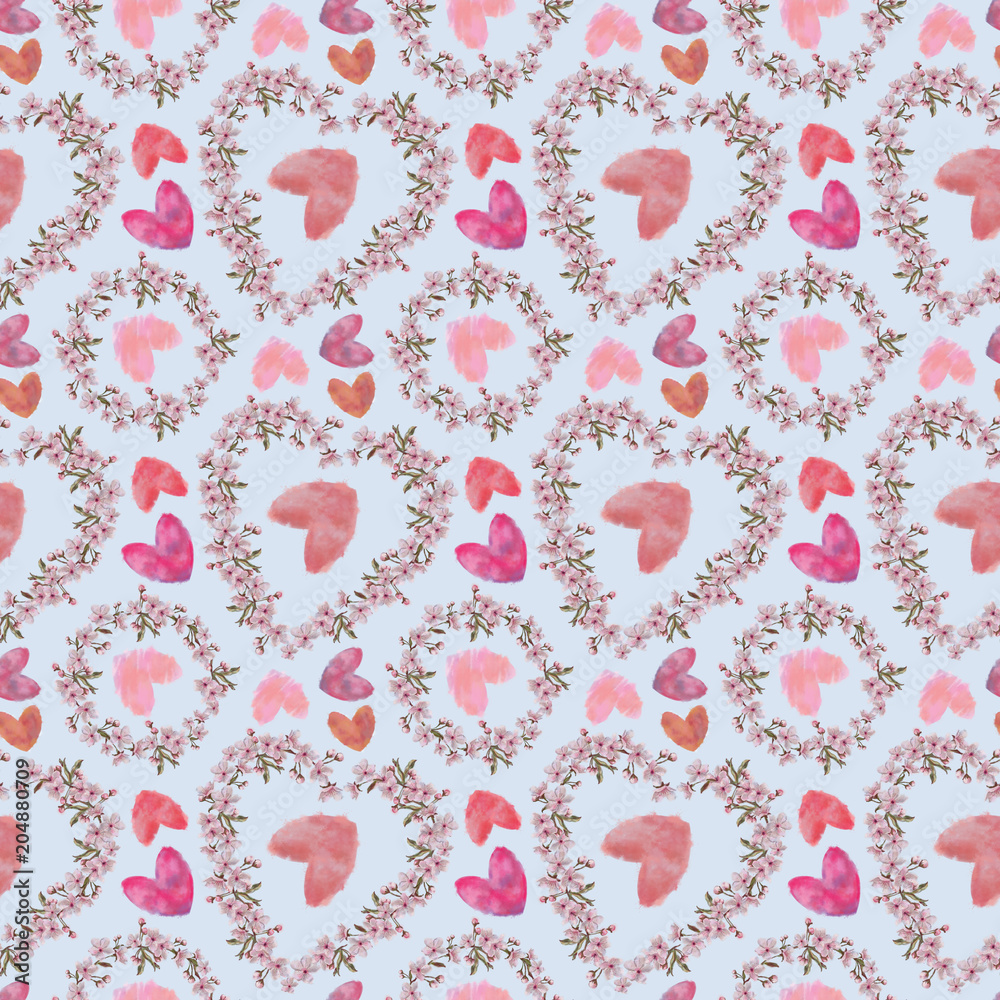Spring Blooms and Watercolor Hearts Seamless Pattern on Blue Background. Floral Heart and Round Shape Wreaths and Hearts Rapport for Romantic Wedding, and Valentine Day.