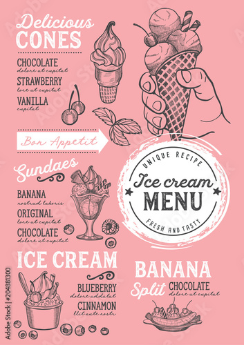 Ice cream restaurant menu. Vector dessert food flyer for bar and cafe. Design template with vintage hand-drawn illustrations.