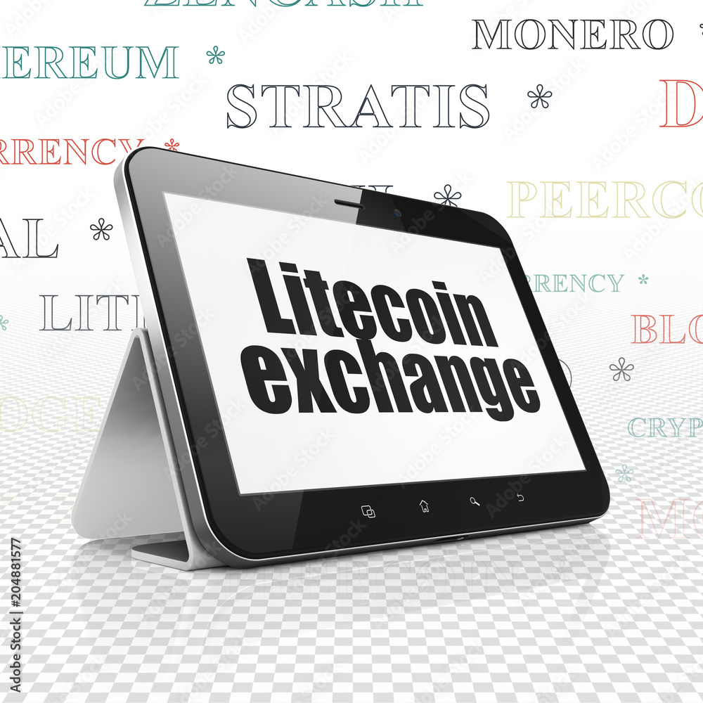 Cryptocurrency concept: Tablet Computer with black text Litecoin Exchange on display, Tag Cloud background, 3D rendering Cryptocurrency concept: Tablet Computer with black text Litecoin Exchange on display, Tag Cloud background, 3D rendering