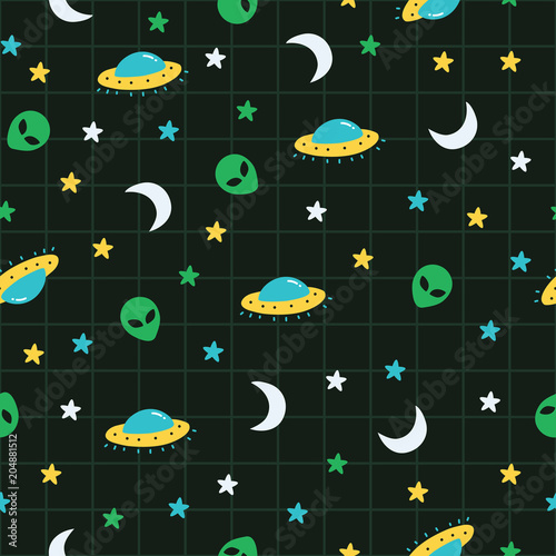 Alien, ufo, moon, star outer space pattern. A playful, modern, and flexible pattern for brand who has cute and fun style. Repeated pattern. Happy, bright, and magical mood.