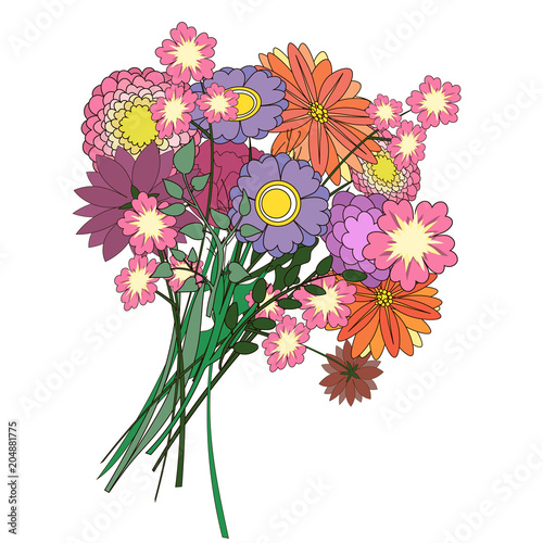 Vector illustration.  Cute bouquet of different flowers. No background.