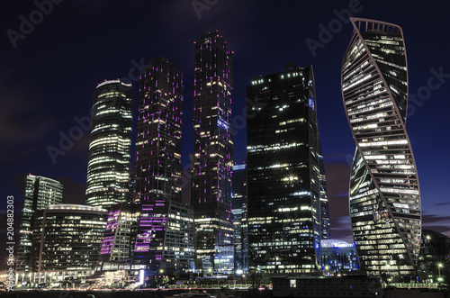 Moscow international business center Moscow City at night. Urban landscape metropolis night with skyscrapers