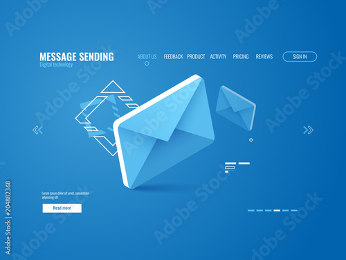 Message icon, email sending concept, online advertising, web page template isometric