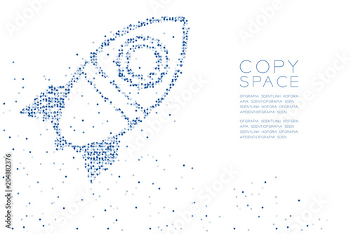 Abstract Geometric Circle dot pattern Cartoon Rocket spaceship shape, space exploration concept design blue color illustration on white background with copy space, vector eps 10