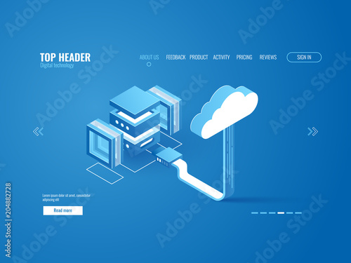 Data processing, server room connection with cloud storage warehouse, digital information copy